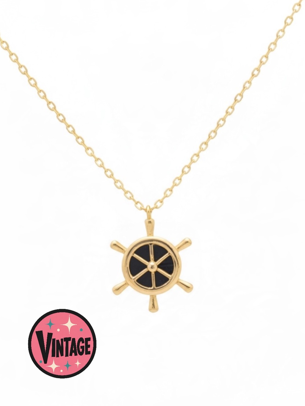 VTG Napier Reversible Ships Wheel Nautical Pendant Goldtone & Black Necklace